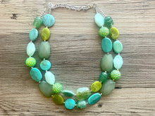 Load image into Gallery viewer, Ocean Depths Green beaded crystal statement Necklace, Olive jewelry chunky bib Kelly Green beaded shamrock St. Patrick Irish Teal lime