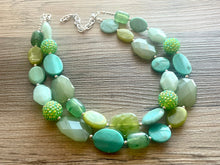 Load image into Gallery viewer, Ocean Depths Green beaded crystal statement Necklace, Olive jewelry chunky bib Kelly Green beaded shamrock St. Patrick Irish Teal lime