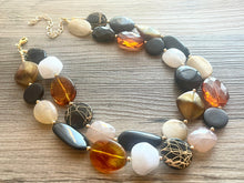 Load image into Gallery viewer, Neutral Statement Necklace, chunky beaded jewelry, chunky black tan white ginger necklace, color block beaded necklace, beaded jewelry
