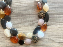 Load image into Gallery viewer, Neutral Statement Necklace, chunky beaded jewelry, chunky black tan white ginger necklace, color block beaded necklace, beaded jewelry