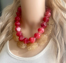 Load image into Gallery viewer, Tan & Cherry Necklace, Double strand deep red jewelry, big beaded chunky statement necklace earring set, champagne necklace
