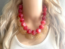 Load image into Gallery viewer, Tan & Cherry Necklace, Double strand deep red jewelry, big beaded chunky statement necklace earring set, champagne necklace
