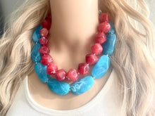 Load image into Gallery viewer, Blue & Red Necklace, multi strand jewelry, big beaded chunky statement necklace, red jewelry, bridesmaid necklace, turquoise bib necklace