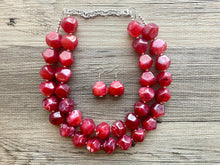 Load image into Gallery viewer, Cherry Red Chunky Statement Necklace, Big beaded jewelry, Double Strand Statement Necklace, Bib necklace, red bridesmaid wedding silver