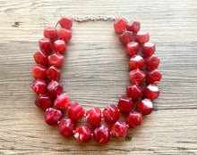 Load image into Gallery viewer, Cherry Red Chunky Statement Necklace, Big beaded jewelry, Double Strand Statement Necklace, Bib necklace, red bridesmaid wedding silver