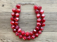 Load image into Gallery viewer, Cherry Red Chunky Statement Necklace, Big beaded jewelry, Double Strand Statement Necklace, Bib necklace, red bridesmaid wedding silver