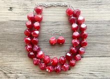 Load image into Gallery viewer, Cherry Red Chunky Statement Necklace, Big beaded jewelry, Double Strand Statement Necklace, Bib necklace, red bridesmaid wedding silver