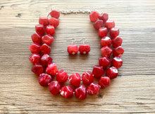 Load image into Gallery viewer, Cherry Red Chunky Statement Necklace, Big beaded jewelry, Double Strand Statement Necklace, Bib necklace, red bridesmaid wedding silver