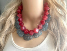 Load image into Gallery viewer, Teal & Red Necklace, multi strand jewelry, big beaded chunky statement necklace, red jewelry, bridesmaid necklace, turquoise bib necklace