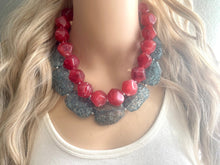 Load image into Gallery viewer, Teal & Red Necklace, multi strand jewelry, big beaded chunky statement necklace, red jewelry, bridesmaid necklace, turquoise bib necklace