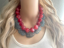 Load image into Gallery viewer, Teal & Red Necklace, multi strand jewelry, big beaded chunky statement necklace, red jewelry, bridesmaid necklace, turquoise bib necklace