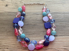 Load image into Gallery viewer, Dreamscape chunky necklace, turquoise blue beaded jewelry, resin beaded periwinkle necklace, pink beaded necklace, royal purple lavender