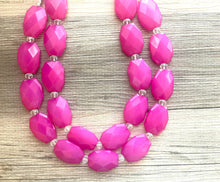 Load image into Gallery viewer, Magenta Jewelry, Dark Pink Double Strand Beaded Statement Necklace, Clear Crystal accents - chunky fuchsia big beaded necklace