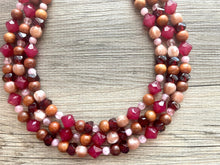 Load image into Gallery viewer, Cranberry Soirée, Chunky 3 Strand Statement Necklace, fall necklace, maroon jewelry, dark red necklace, wood champagne gold statement