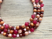 Load image into Gallery viewer, Cranberry Soirée, Chunky 3 Strand Statement Necklace, fall necklace, maroon jewelry, dark red necklace, wood champagne gold statement