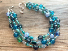 Load image into Gallery viewer, Seaglass Blue Ombré Chunky Statement Necklace, multi Strand Beaded Jewelry, dark blue jewelry, 3 strand chunky bib green
