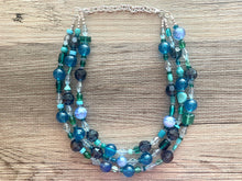 Load image into Gallery viewer, Seaglass Blue Ombré Chunky Statement Necklace, multi Strand Beaded Jewelry, dark blue jewelry, 3 strand chunky bib green