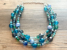Load image into Gallery viewer, Seaglass Blue Ombré Chunky Statement Necklace, multi Strand Beaded Jewelry, dark blue jewelry, 3 strand chunky bib green