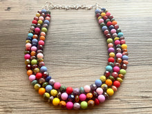 Load image into Gallery viewer, Rainbow Statement Necklace, colorful chunky jewelry, rainbow necklace, multi strand pride chunky beaded necklace, bubble necklace