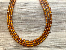 Load image into Gallery viewer, Brown glass Chunky Statement Necklace, gold bib necklace, brown necklace, honey colored necklace, wedding bridesmaid chunky