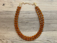 Load image into Gallery viewer, Brown glass Chunky Statement Necklace, gold bib necklace, brown necklace, honey colored necklace, wedding bridesmaid chunky