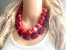Load image into Gallery viewer, Maroon & Cherry Necklace, Double strand deep red jewelry, big beaded chunky statement necklace earring set, dark red necklace