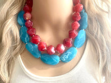 Load image into Gallery viewer, Blue & Red Necklace, multi strand jewelry, big beaded chunky statement necklace, red jewelry, bridesmaid necklace, turquoise bib necklace