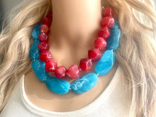 Load image into Gallery viewer, Blue & Red Necklace, multi strand jewelry, big beaded chunky statement necklace, red jewelry, bridesmaid necklace, turquoise bib necklace