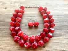 Load image into Gallery viewer, Cherry Red Chunky Statement Necklace, Big beaded jewelry, Double Strand Statement Necklace, Bib necklace, red bridesmaid wedding silver