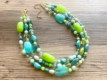 Load image into Gallery viewer, Teal & Lime Green Chunky Statement Necklace, Big beaded jewelry, multi Strand Necklace, Bib necklace, green key lime gold confetti jewelry