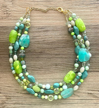 Load image into Gallery viewer, Teal & Lime Green Chunky Statement Necklace, Big beaded jewelry, multi Strand Necklace, Bib necklace, green key lime gold confetti jewelry
