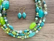 Load image into Gallery viewer, Teal & Lime Green Chunky Statement Necklace, Big beaded jewelry, multi Strand Necklace, Bib necklace, green key lime gold confetti jewelry