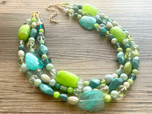 Load image into Gallery viewer, Teal & Lime Green Chunky Statement Necklace, Big beaded jewelry, multi Strand Necklace, Bib necklace, green key lime gold confetti jewelry