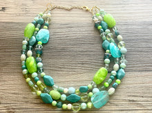 Load image into Gallery viewer, Teal & Lime Green Chunky Statement Necklace, Big beaded jewelry, multi Strand Necklace, Bib necklace, green key lime gold confetti jewelry