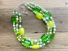 Load image into Gallery viewer, Kelly & Lime Green Chunky Statement Necklace, Big beaded jewelry, multi Strand Necklace, Bib necklace, green key lime gold confetti jewelry