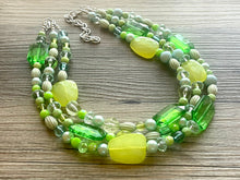 Load image into Gallery viewer, Kelly & Lime Green Chunky Statement Necklace, Big beaded jewelry, multi Strand Necklace, Bib necklace, green key lime gold confetti jewelry