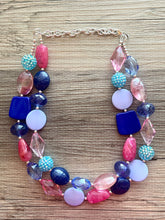 Load image into Gallery viewer, Dreamscape chunky necklace, turquoise blue beaded jewelry, resin beaded periwinkle necklace, pink beaded necklace, royal purple lavender
