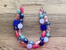 Load image into Gallery viewer, Dreamscape chunky necklace, turquoise blue beaded jewelry, resin beaded periwinkle necklace, pink beaded necklace, royal purple lavender