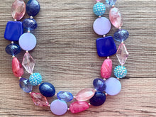 Load image into Gallery viewer, Dreamscape chunky necklace, turquoise blue beaded jewelry, resin beaded periwinkle necklace, pink beaded necklace, royal purple lavender