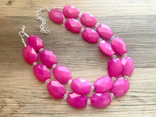 Load image into Gallery viewer, Magenta Jewelry, Dark Pink Double Strand Beaded Statement Necklace, Clear Crystal accents - chunky fuchsia big beaded necklace