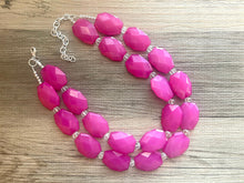 Load image into Gallery viewer, Magenta Jewelry, Dark Pink Double Strand Beaded Statement Necklace, Clear Crystal accents - chunky fuchsia big beaded necklace