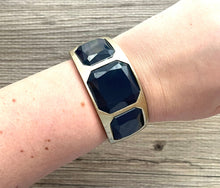 Load image into Gallery viewer, Midnight Navy Blue Statement bracelet, lever gold vintage bracelet, blue gold bronze beaded jewelry, chunky rhinestone jewelry