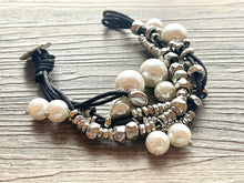 Load image into Gallery viewer, Black & White Suede Statement bracelet, silver white vintage bracelet, silver black beaded jewelry, chunky rhinestone jewelry