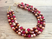 Load image into Gallery viewer, Cranberry Soirée, Chunky 3 Strand Statement Necklace, fall necklace, maroon jewelry, dark red necklace, wood champagne gold statement