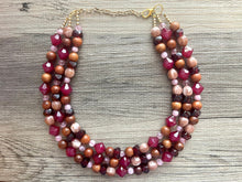 Load image into Gallery viewer, Cranberry Soirée, Chunky 3 Strand Statement Necklace, fall necklace, maroon jewelry, dark red necklace, wood champagne gold statement