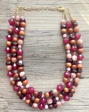 Load image into Gallery viewer, Cranberry Soirée, Chunky 3 Strand Statement Necklace, fall necklace, maroon jewelry, dark red necklace, wood champagne gold statement
