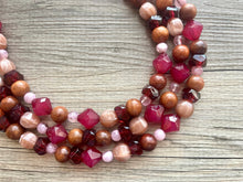 Load image into Gallery viewer, Cranberry Soirée, Chunky 3 Strand Statement Necklace, fall necklace, maroon jewelry, dark red necklace, wood champagne gold statement