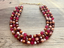 Load image into Gallery viewer, Cranberry Soirée, Chunky 3 Strand Statement Necklace, fall necklace, maroon jewelry, dark red necklace, wood champagne gold statement