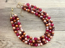 Load image into Gallery viewer, Cranberry Soirée, Chunky 3 Strand Statement Necklace, fall necklace, maroon jewelry, dark red necklace, wood champagne gold statement