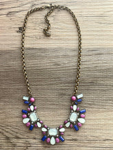Load image into Gallery viewer, Extra Long Rhinestone Statement Necklace with major BLING, gold navy blush green chunky necklace jewelry, gemstone necklace, faux diamond